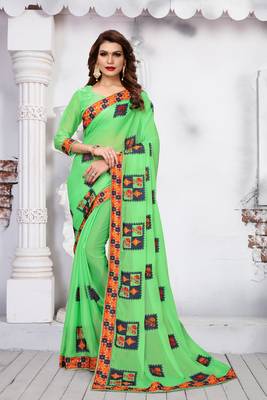 Light green embroidered silk saree with blouse 3