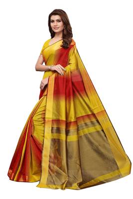 Yellow printed art silk saree with blouse 1