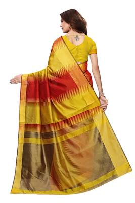 Yellow printed art silk saree with blouse 3