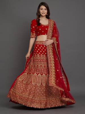 Red embroidered velvet semi stitched lehenga 5