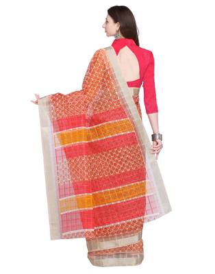 Red printed super net saree with blouse 3