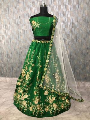 Green embroidered
 art silk semi stitched lehenga 2