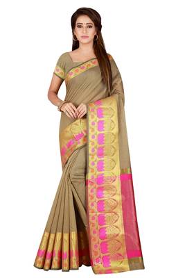   beige woven pure cotton saree with blouse 1