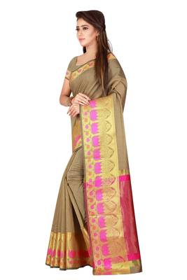   beige woven pure cotton saree with blouse 2