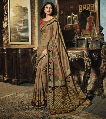 Brown Printed  Silk Brasso saree with blouse 1
