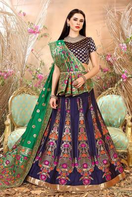 Navy blue embroidery banarasi silk jequard lehenga with dupatta 1