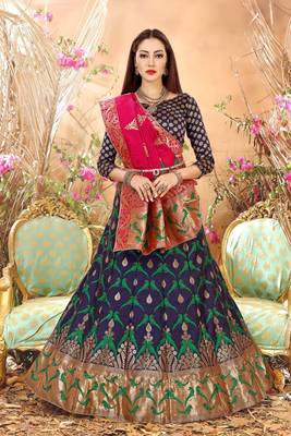 Navy blue embroidery banarasi silk jequard lehenga with dupatta 1