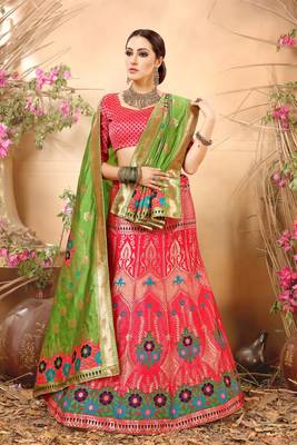 Pink embroidery banarasi silk jequard lehenga with dupatta 1