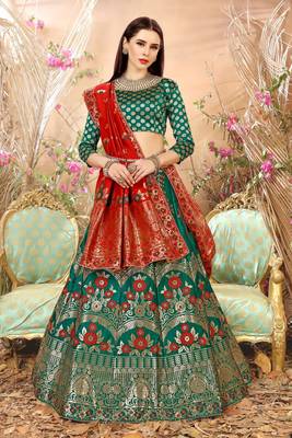 Green embroidery banarasi silk jequard lehenga with dupatta 1