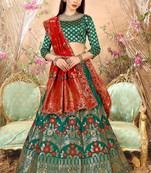 Green embroidery banarasi silk jequard lehenga with dupatta