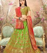 Lime green embroidery banarasi silk jequard lehenga with dupatta
