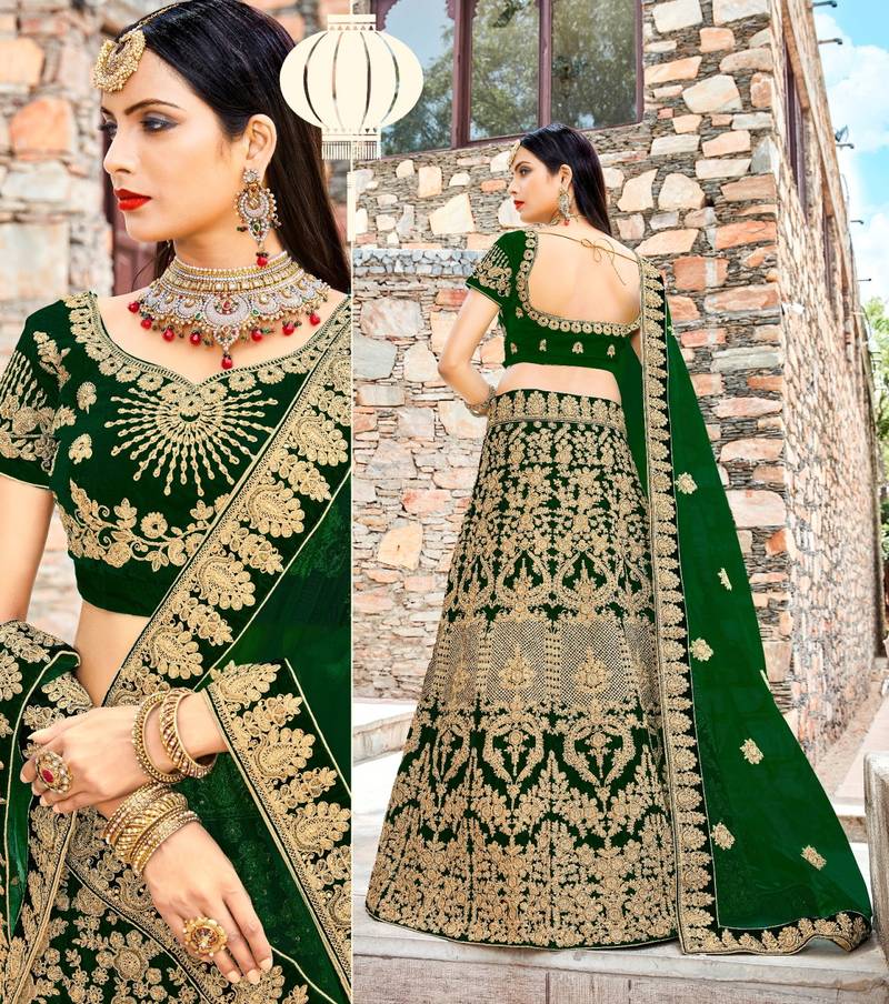 Green embroidery micro velvet lehenga with dupatta The Six Yards