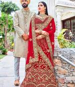 Red embroidery micro velvet lehenga with dupatta