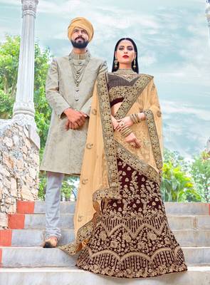 Maroon embroidery micro velvet lehenga with dupatta 1