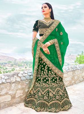 Dark green embroidery micro velvet lehenga with dupatta 1