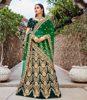 Dark green embroidery micro velvet lehenga with dupatta 1