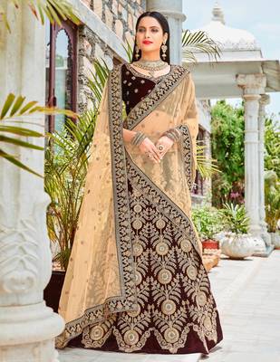 Maroon embroidery micro velvet lehenga with dupatta 1