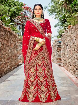 Red embroidery micro velvet lehenga with dupatta 1