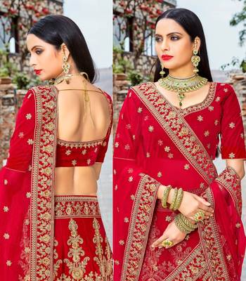 Red embroidery micro velvet lehenga with dupatta 2
