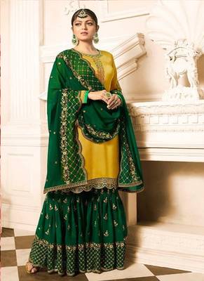 Yellow embroidered satin salwar 1