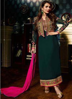 Dark Green Embroidered Faux Georgette Salwar Semi Stitched 1