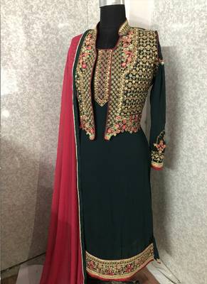 Dark Green Embroidered Faux Georgette Salwar Semi Stitched 3