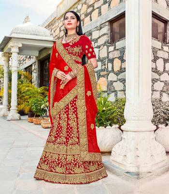 Red embroidery micro velvet lehenga with dupatta 1