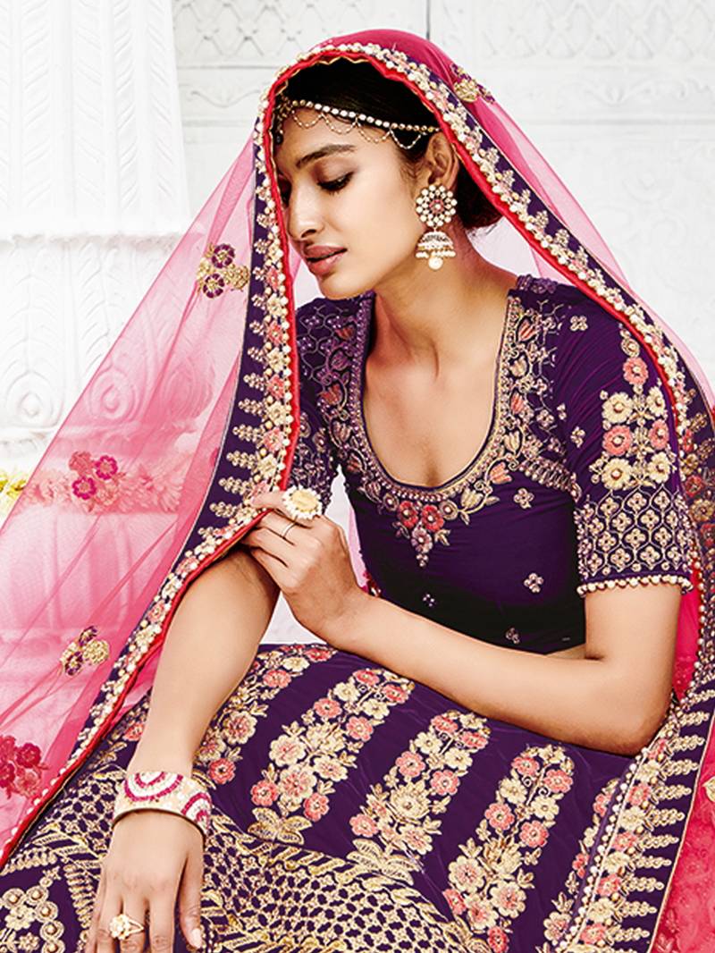 Babyhug Sleeveles Velvet Embroidered Choli with Lehenga  and Dupatta - Purple main image 0