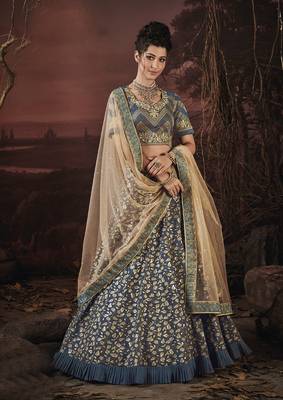 Grey embroidery art silk lehenga with dupatta 1