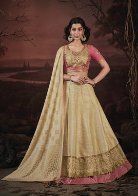 Cream embroidery art silk lehenga with dupatta 1