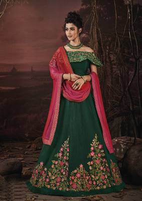 Green embroidery art silk lehenga with dupatta 1