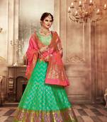Pink and green embroidery pure banarasi silk lehenga with dupatta