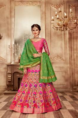 Pink embroidery pure banarasi silk lehenga with dupatta 1