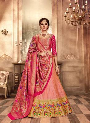 Pink and peach embroidery pure banarasi silk lehenga with dupatta 1