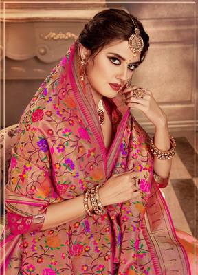 Pink and peach embroidery pure banarasi silk lehenga with dupatta 2