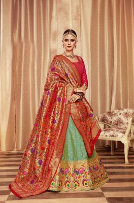 Green embroidery pure banarasi silk lehenga with dupatta 1