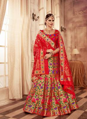 Red and gold embroidery pure banarasi silk lehenga with dupatta 1