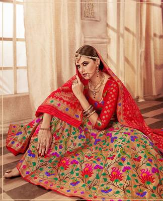 Red and gold embroidery pure banarasi silk lehenga with dupatta 2