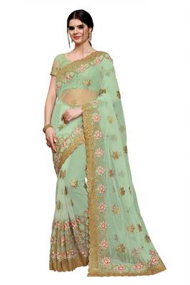 Light sky blue embroidered net saree with blouse 1