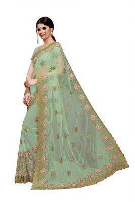 Light sky blue embroidered net saree with blouse 2