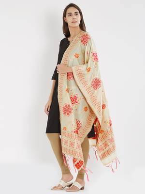 Cream woven Banarasi Silk Dupatta for Women 2