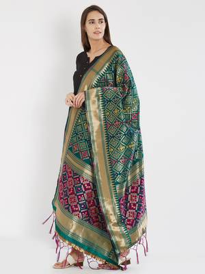 Green woven Banarasi Silk Dupatta for Women 3
