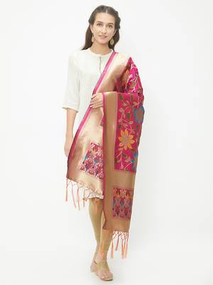 Pink woven Banarasi Silk Dupatta for Women 1