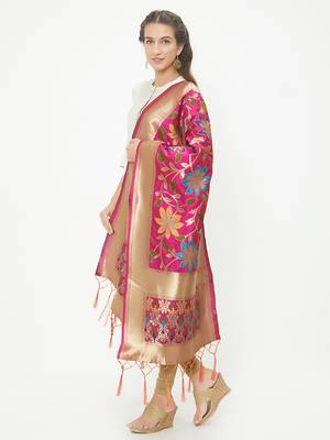Pink woven Banarasi Silk Dupatta for Women 2