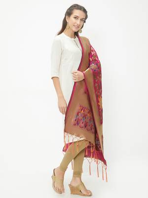 Pink woven Banarasi Silk Dupatta for Women 3