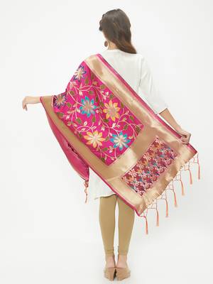 Pink woven Banarasi Silk Dupatta for Women 4