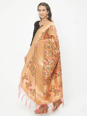 Orange woven Banarasi Silk Dupatta for Women 2