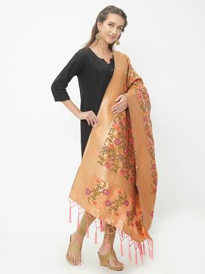 Orange woven Banarasi Silk Dupatta for Women 3