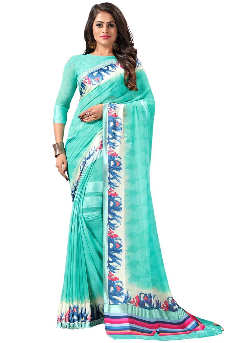 Women's Georgette Turquoise Woven Design Designer Saree With Blouse Piece