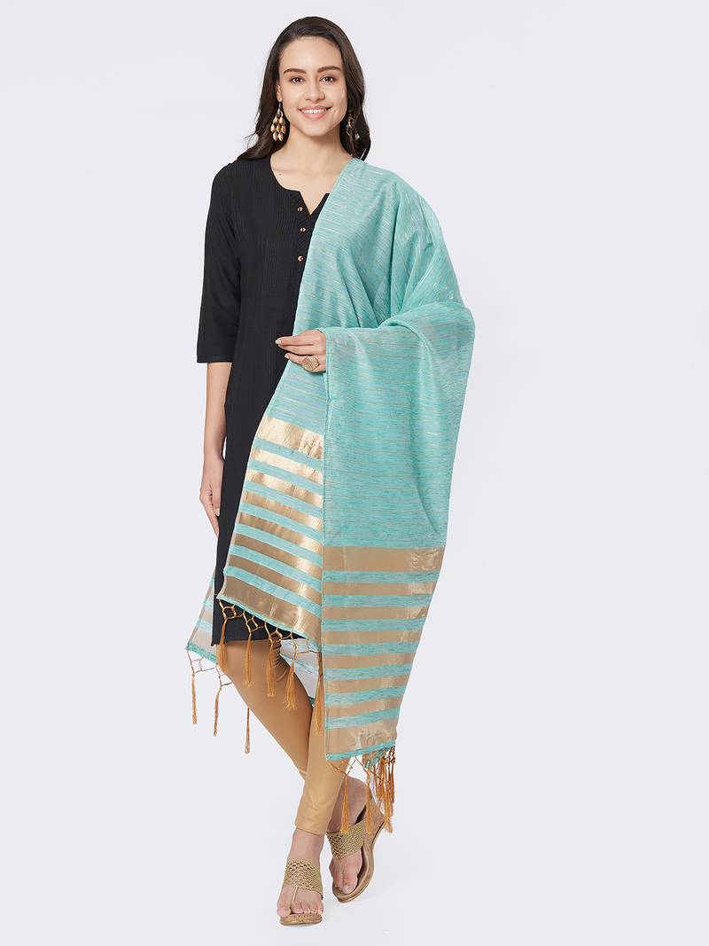 Green Cotton Woven Dupatta for women